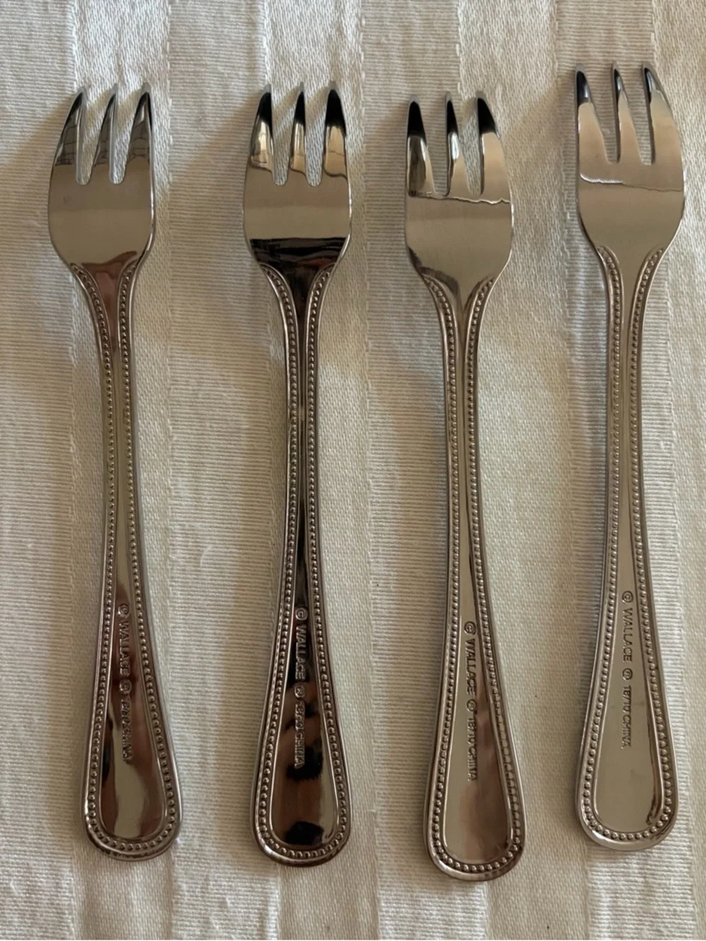 Wallace CONTINENTAL BEAD Cocktail Seafood 3-Tine Forks 6” Stainless (Set of 4)